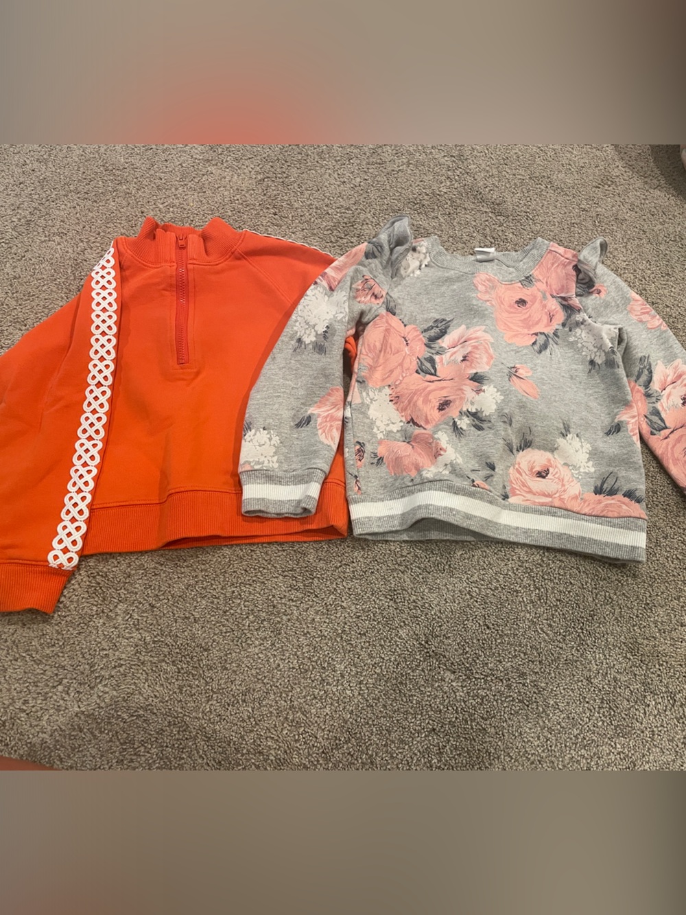 Janie and Jack Sweatshirts; Gray Floral Pullover & Bright Orange Zip Sweater Set